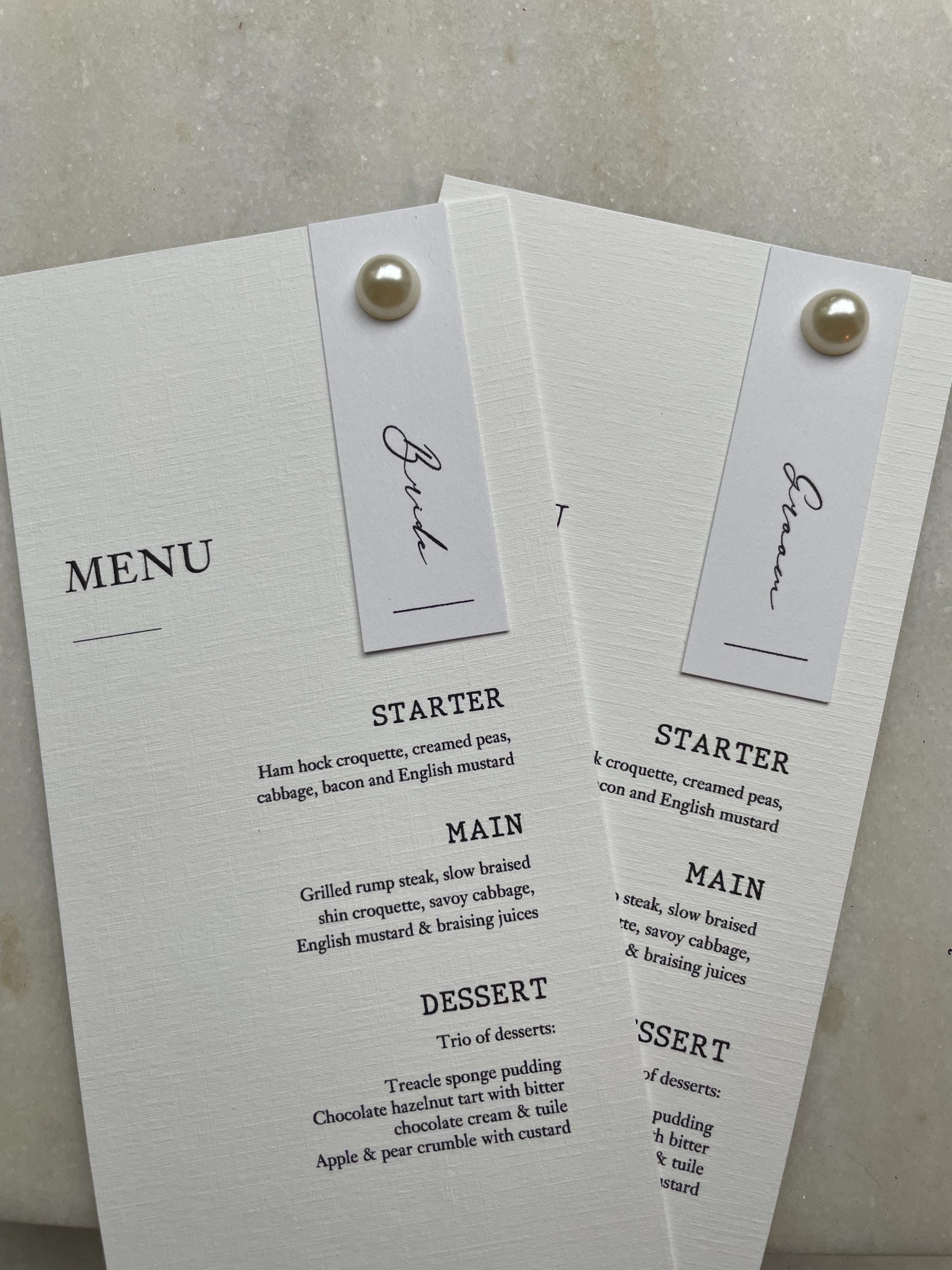 Handmade Elegant Wedding Menu Placecards Personalised pearl details