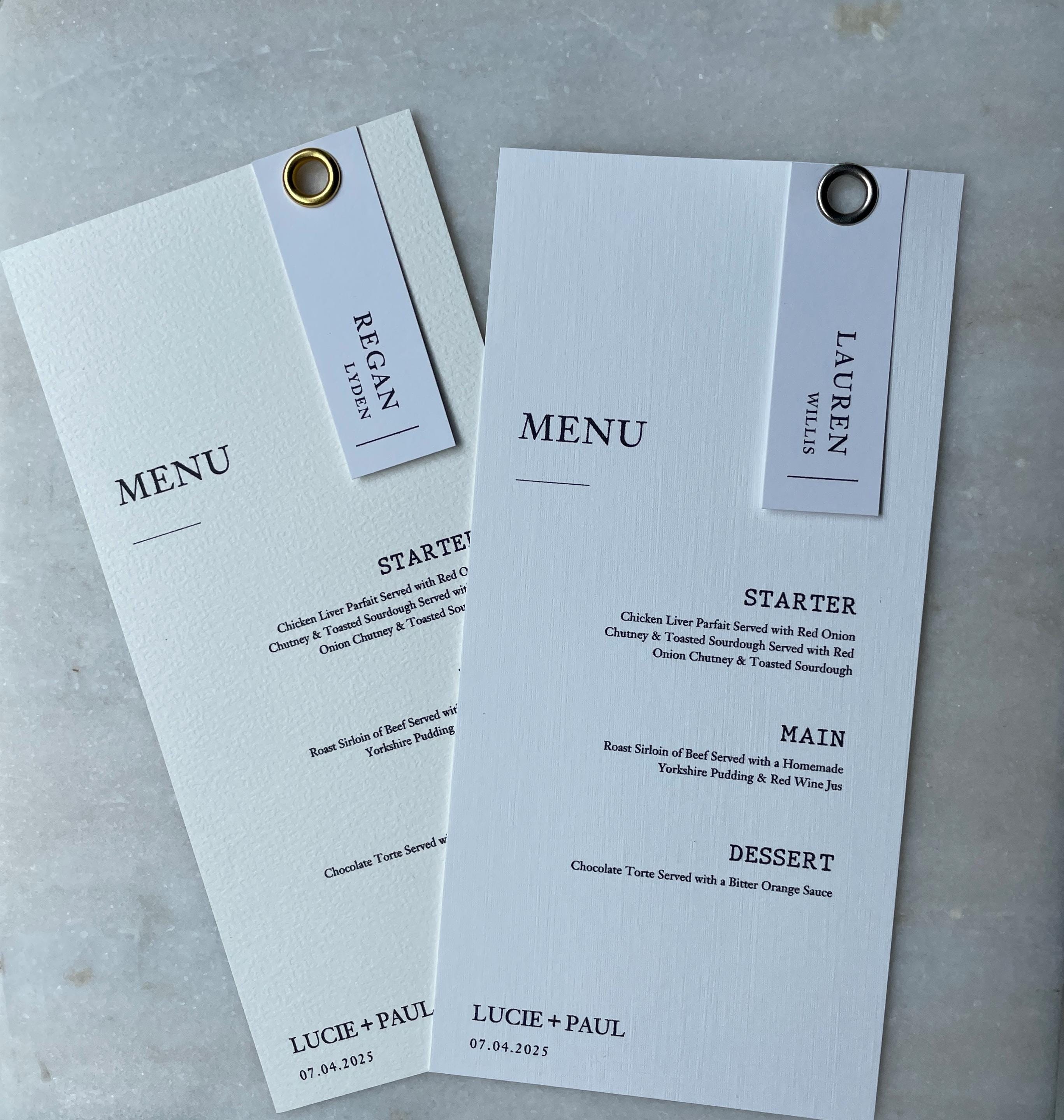 Beautiful Elegant Wedding Menu Placecards Personalised Rivet details