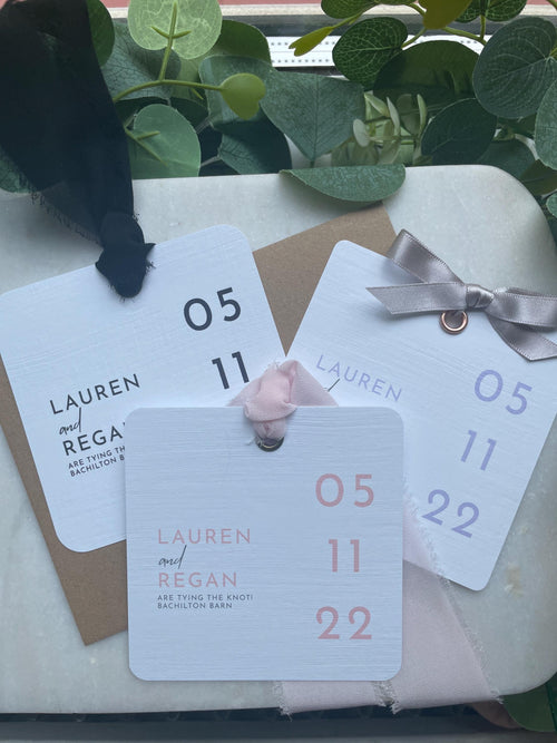 Elegant Simple Wedding Save the Dates Chiffon Ribbon details