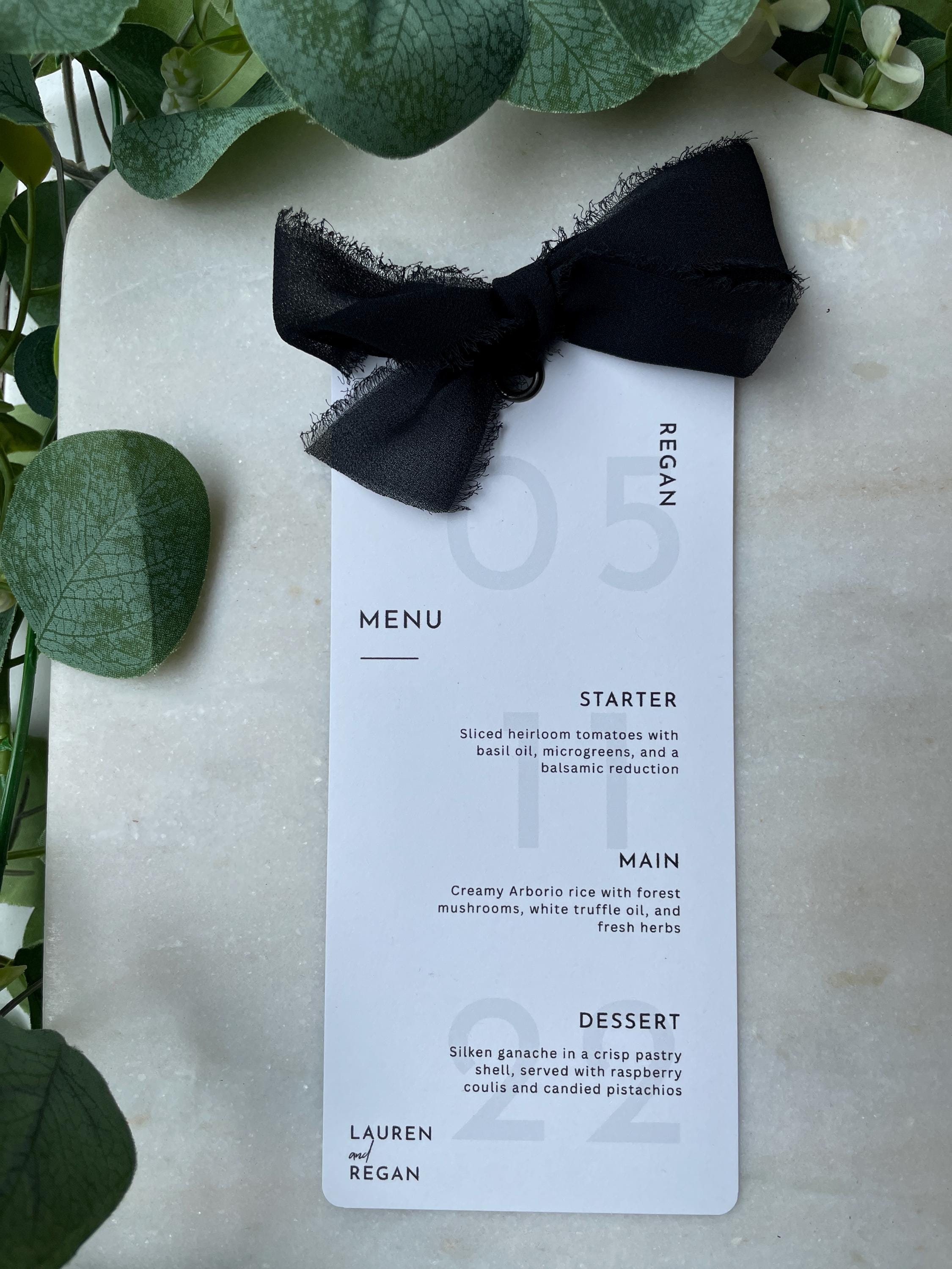 Elegant Simple Wedding Menu Placecards Personalised Chiffon Ribbon details