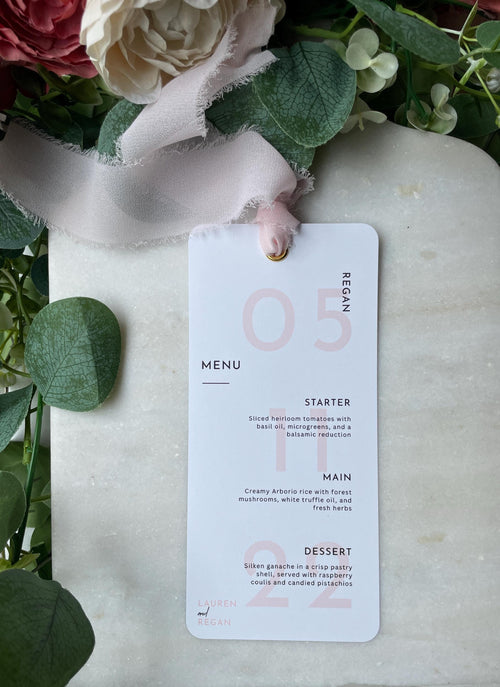 Elegant Simple Wedding Menu Placecards Personalised Chiffon Ribbon details