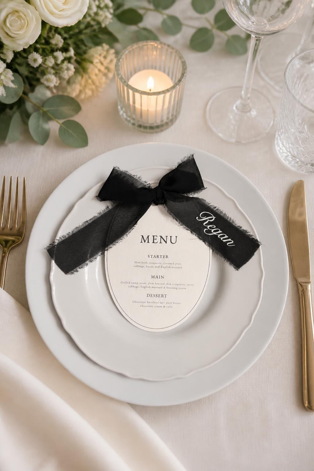 Personalised Ribbon Place Card Menu, Oval Wedding Menu with Bow, Ribbon Name Card, Elegant Minimalist Wedding Table Decor