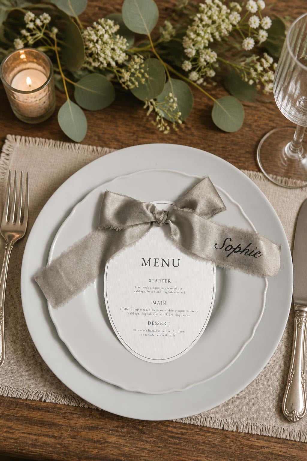 Personalised Ribbon Place Card Menu, Oval Wedding Menu with Bow, Ribbon Name Card, Elegant Minimalist Wedding Table Decor