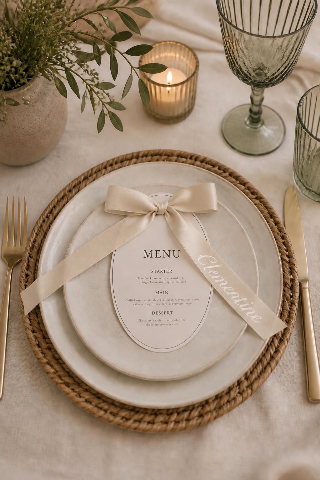 Personalised Ribbon Place Card Menu, Oval Wedding Menu with Bow, Ribbon Name Card, Elegant Minimalist Wedding Table Decor