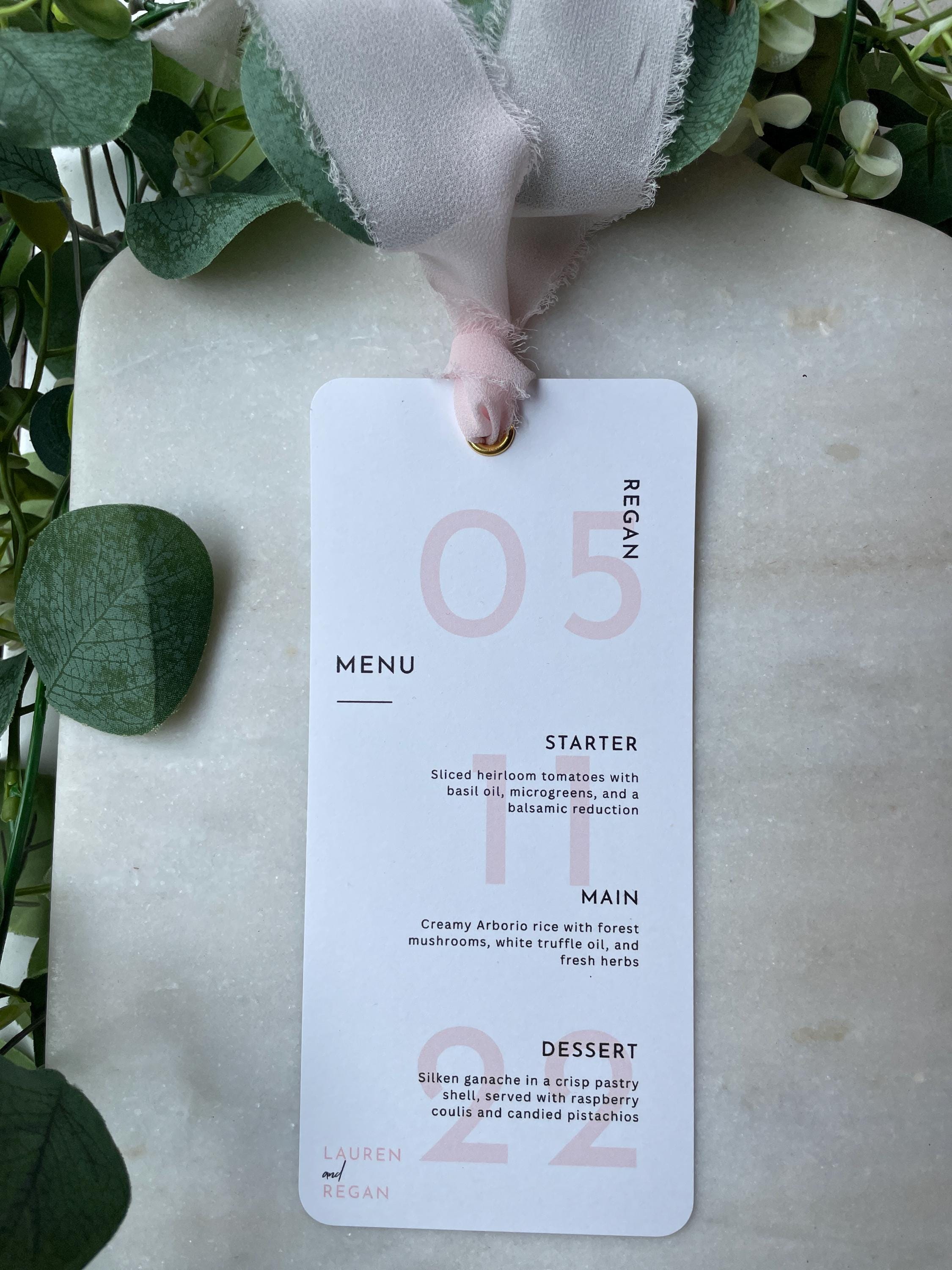 Elegant Simple Wedding Menu Placecards Personalised Chiffon Ribbon details