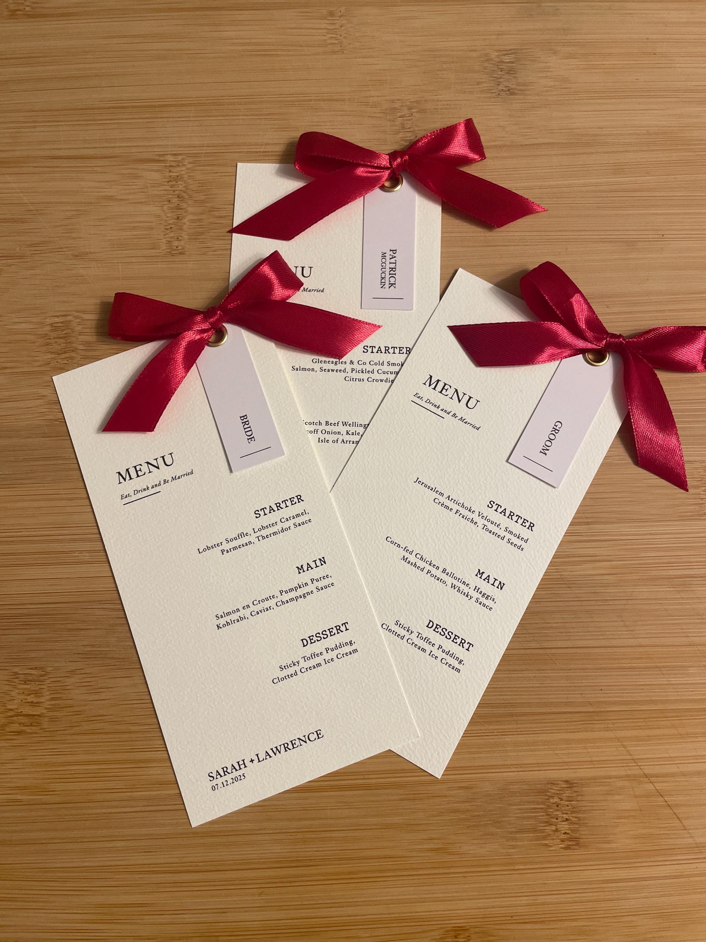 Beautiful Elegant Wedding Menu Placecards Personalised Rivet and Ribbon Bow details