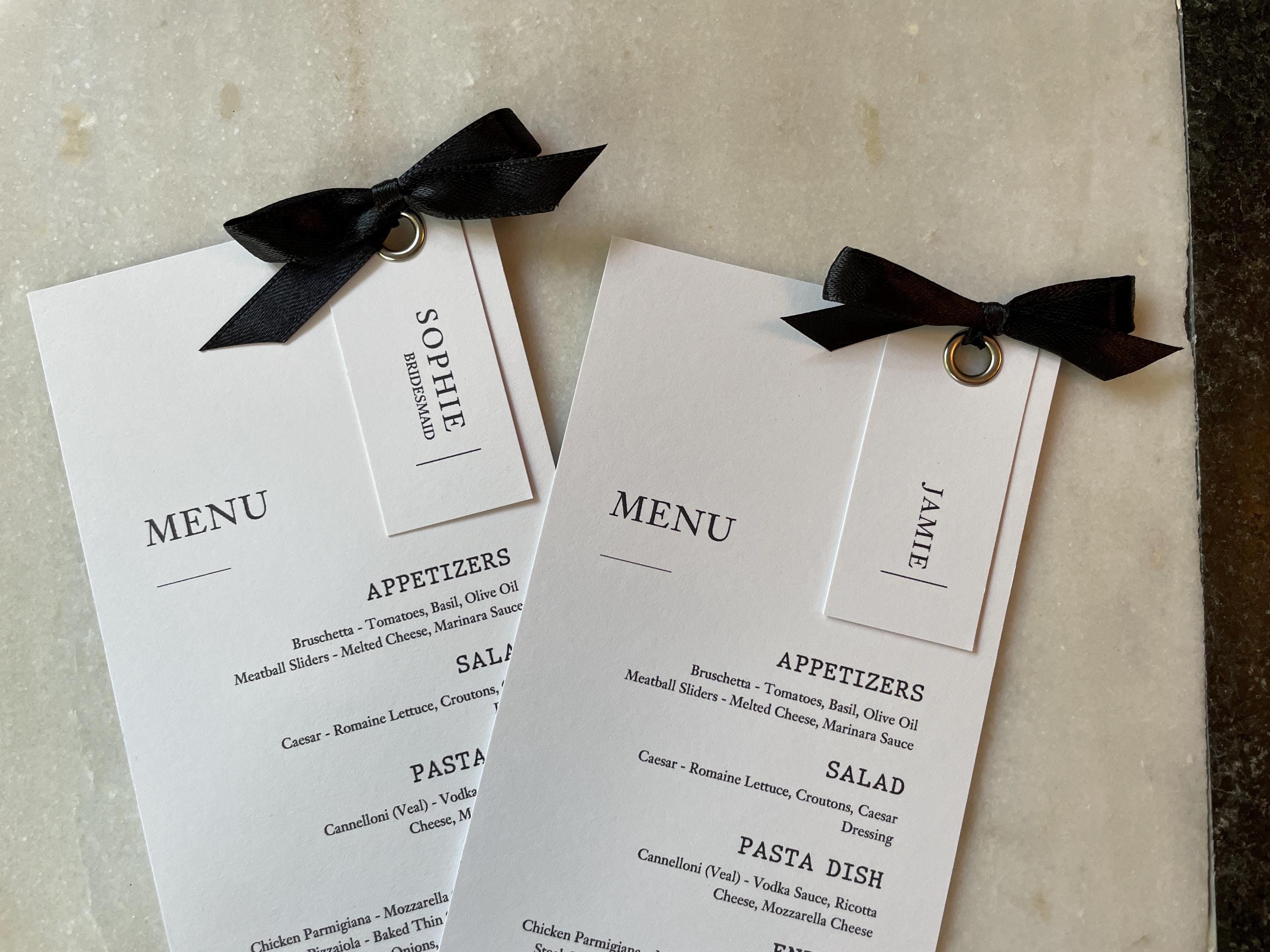 Beautiful Elegant Wedding Menu Placecards Personalised Rivet and Ribbon Bow details