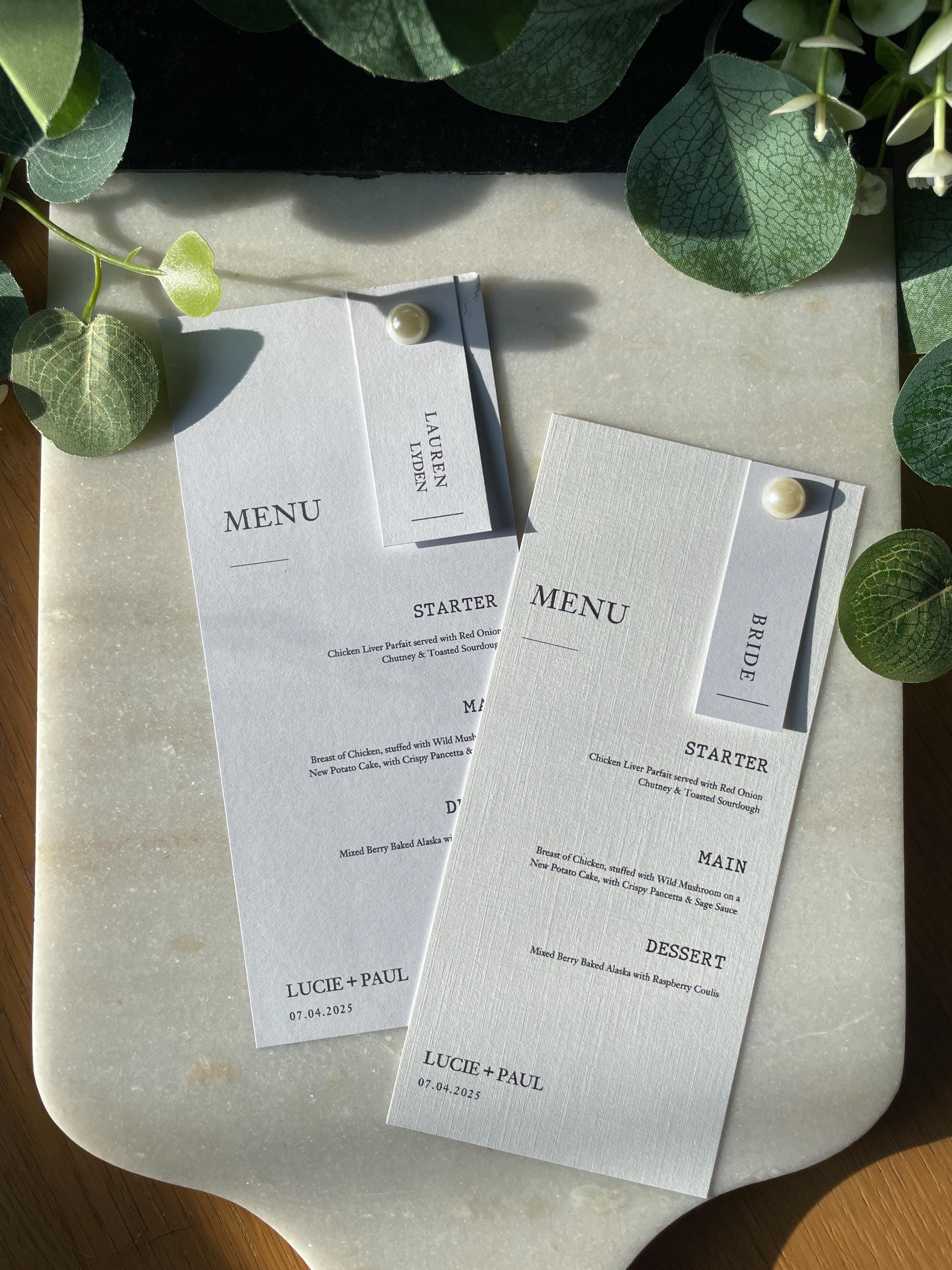 Handmade Elegant Wedding Menu Placecards Personalised pearl details