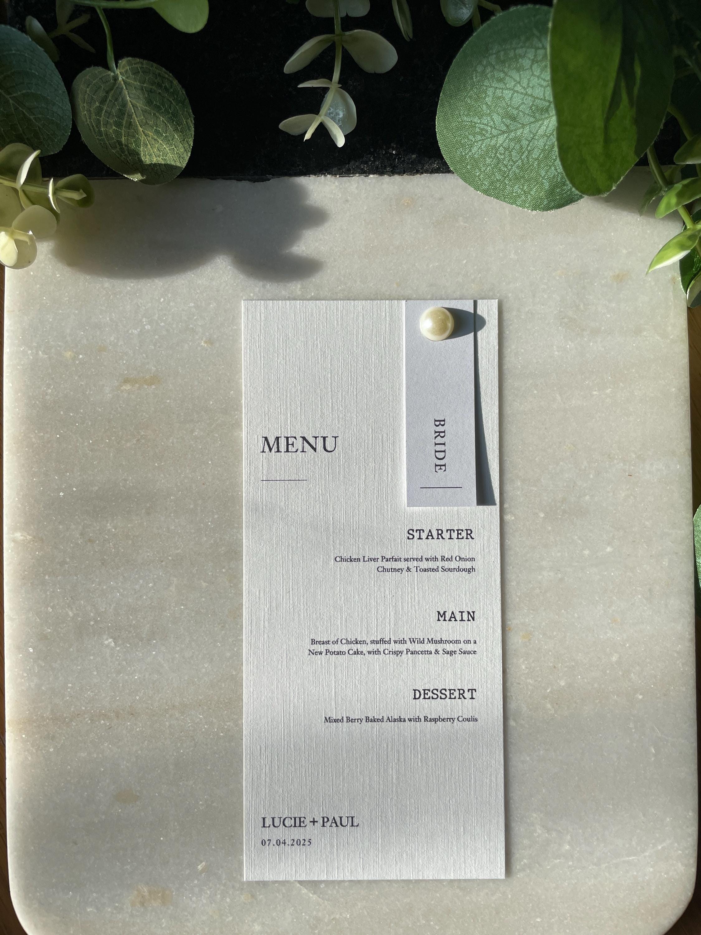 Handmade Elegant Wedding Menu Placecards Personalised pearl details