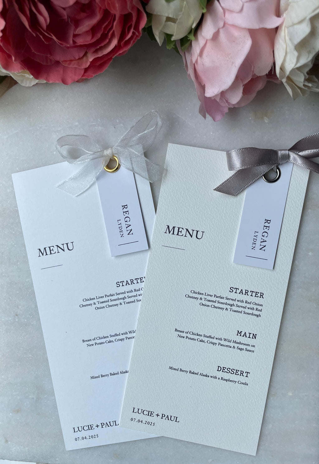 Beautiful Elegant Wedding Menu Placecards Personalised Rivet and Ribbon Bow details