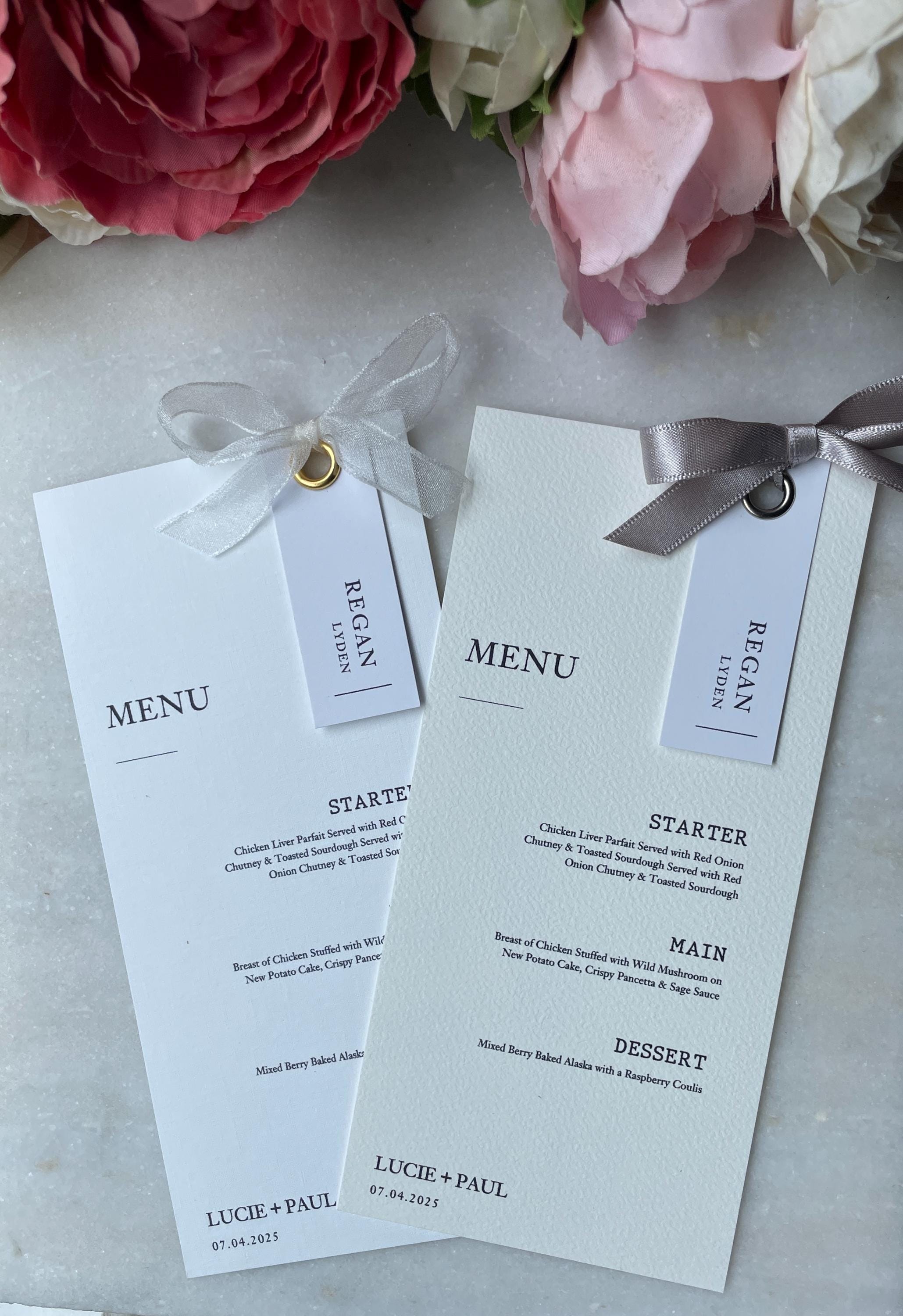 Beautiful Elegant Wedding Menu Placecards Personalised Rivet and Ribbon Bow details