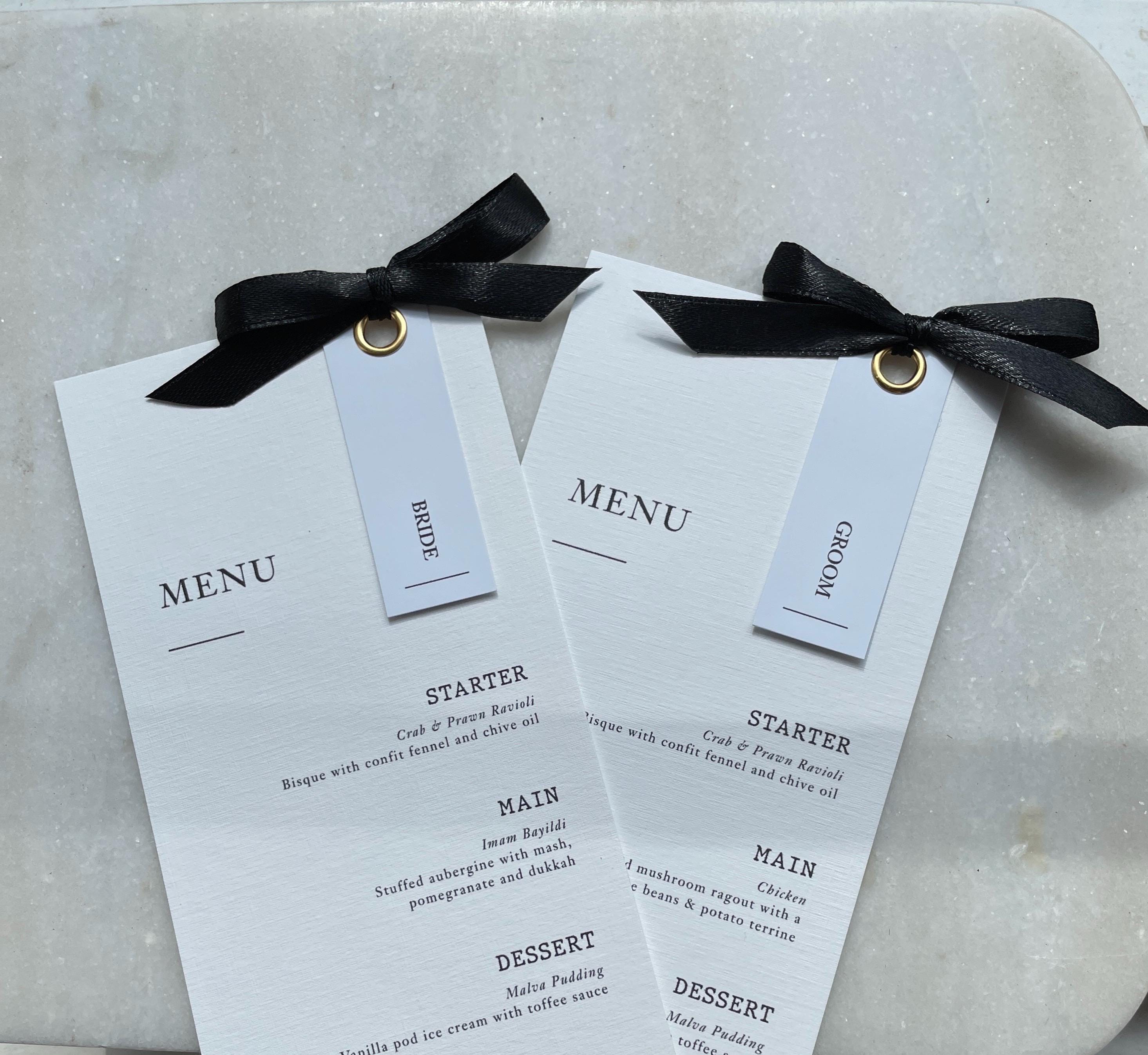 Beautiful Elegant Wedding Menu Placecards Personalised Rivet and Ribbon Bow details
